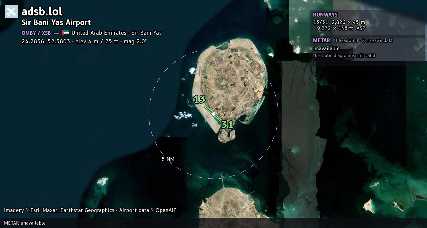 Satellite map with the runway layout of Sir Bani Yas Airport (OMBY)