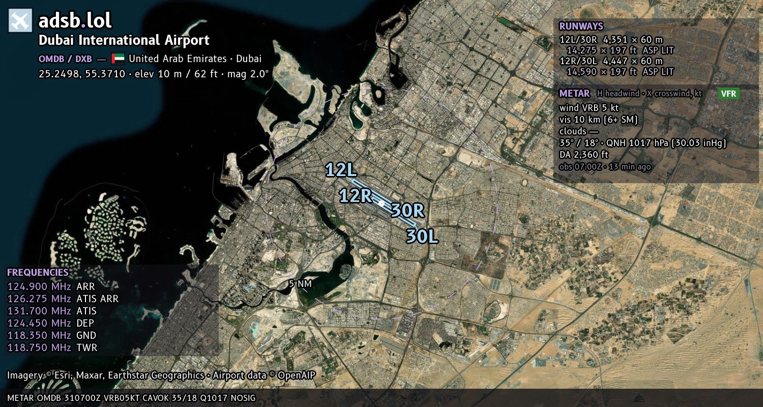 Satellite map with the runway layout of Dubai International Airport (OMDB)