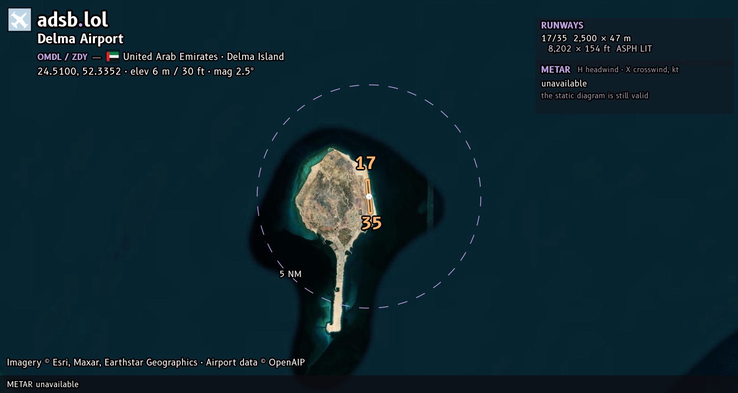 Satellite map with the runway layout of Delma Airport (OMDL)