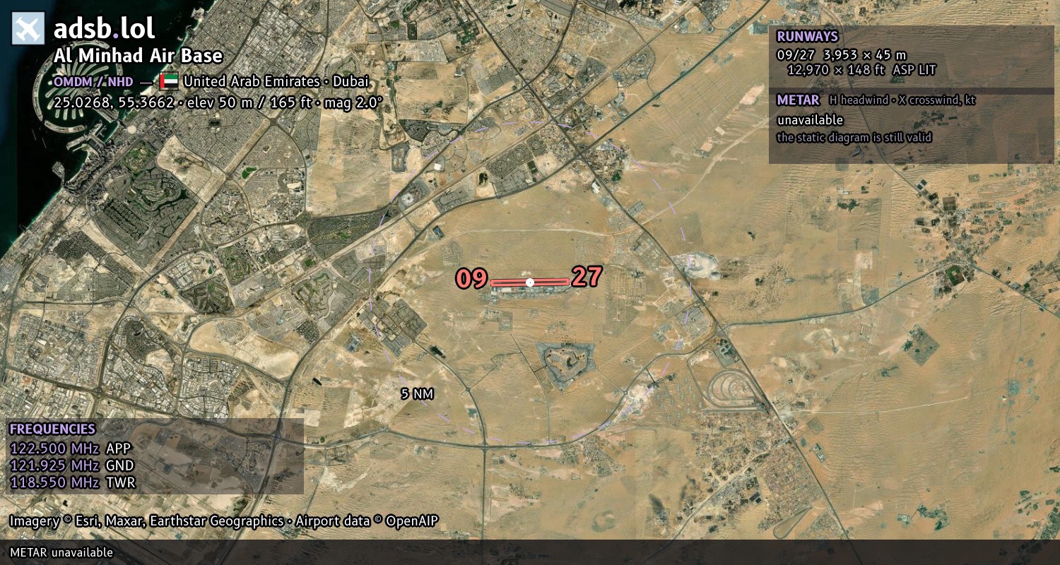 Satellite map with the runway layout of Al Minhad Air Base (OMDM)