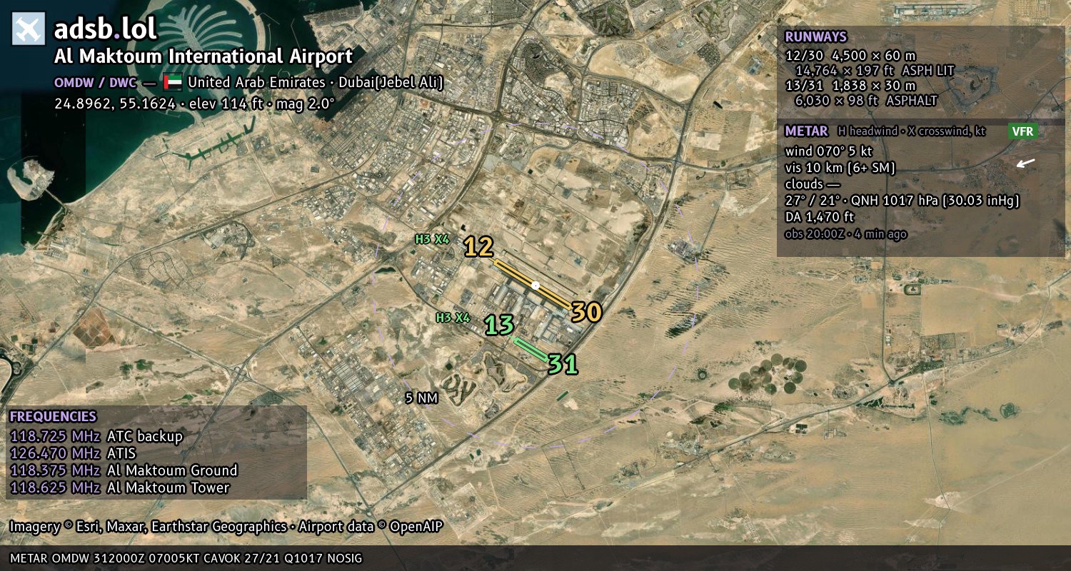 Satellite map with the runway layout of Al Maktoum International Airport (OMDW)
