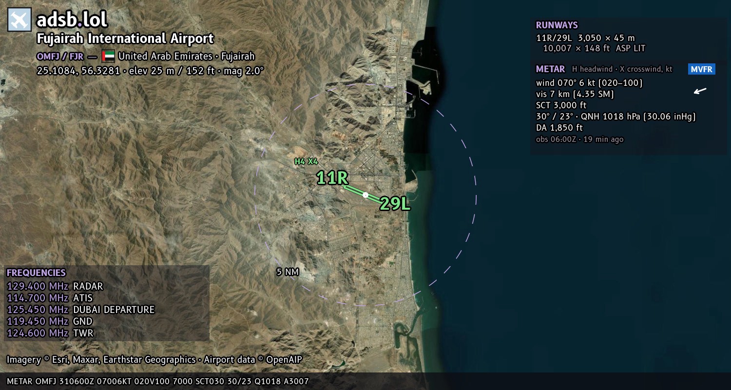 Satellite map with the runway layout of Fujairah International Airport (OMFJ)