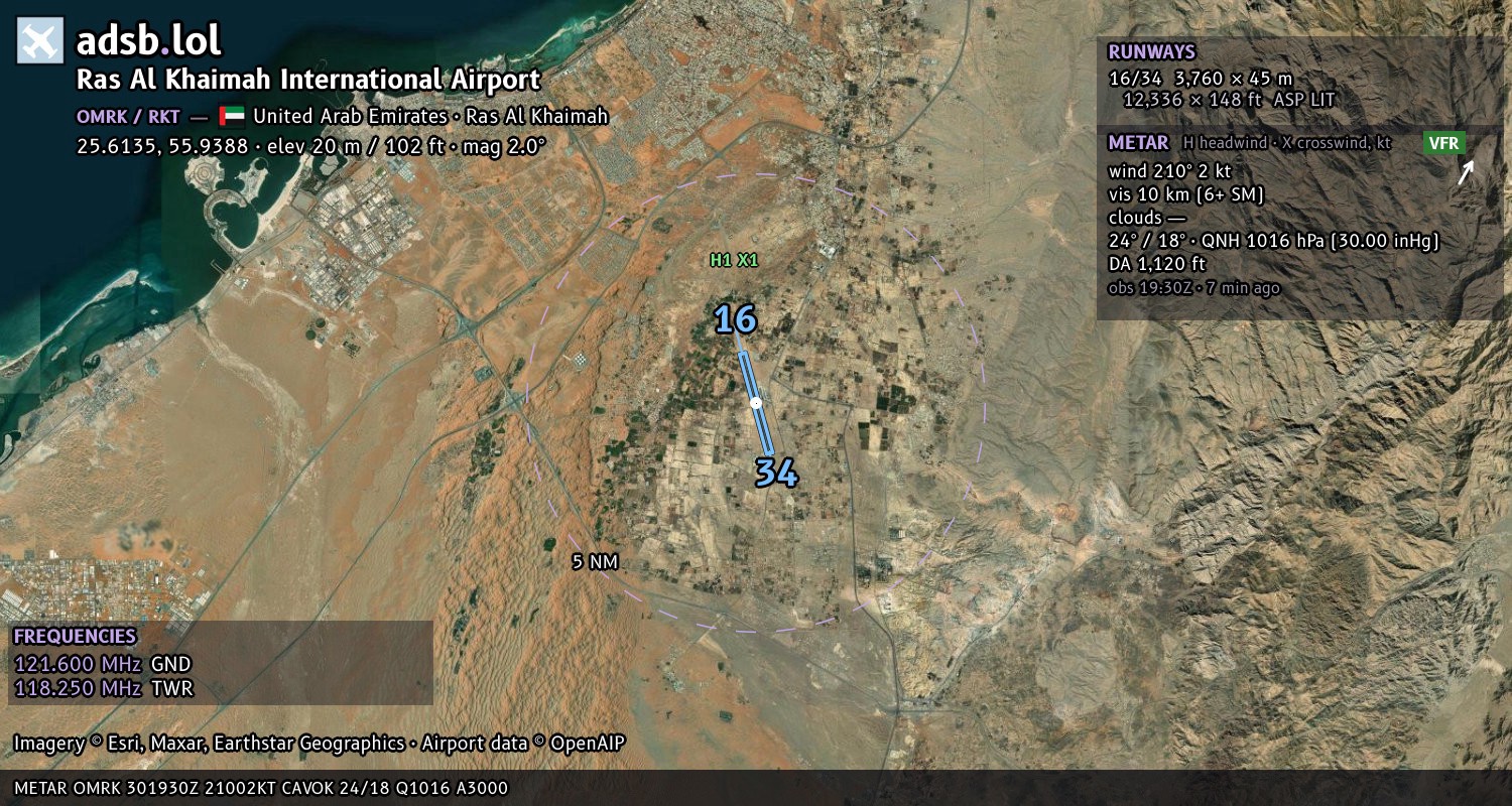 Satellite map with the runway layout of Ras Al Khaimah International Airport (OMRK)