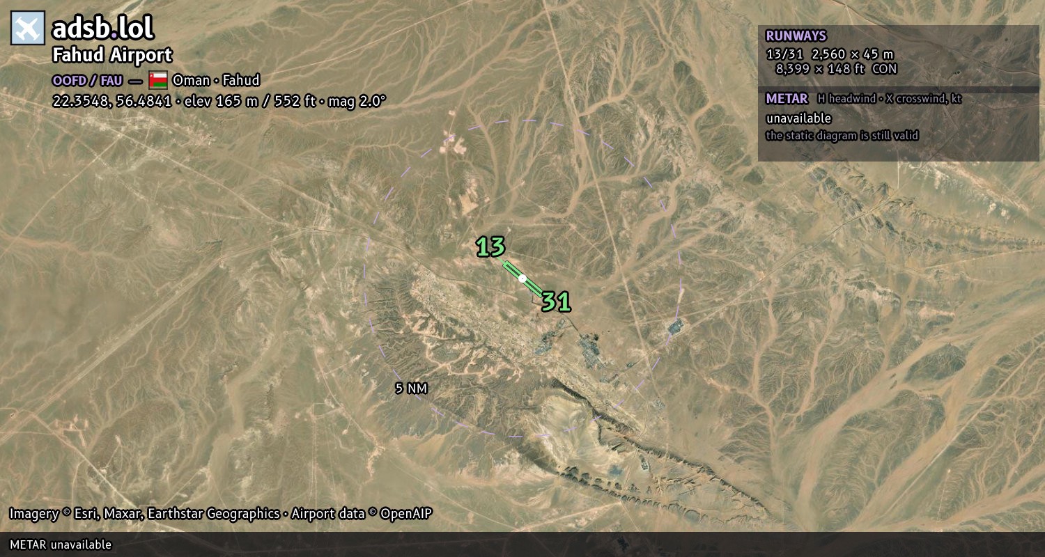 Satellite map with the runway layout of Fahud Airport (OOFD)
