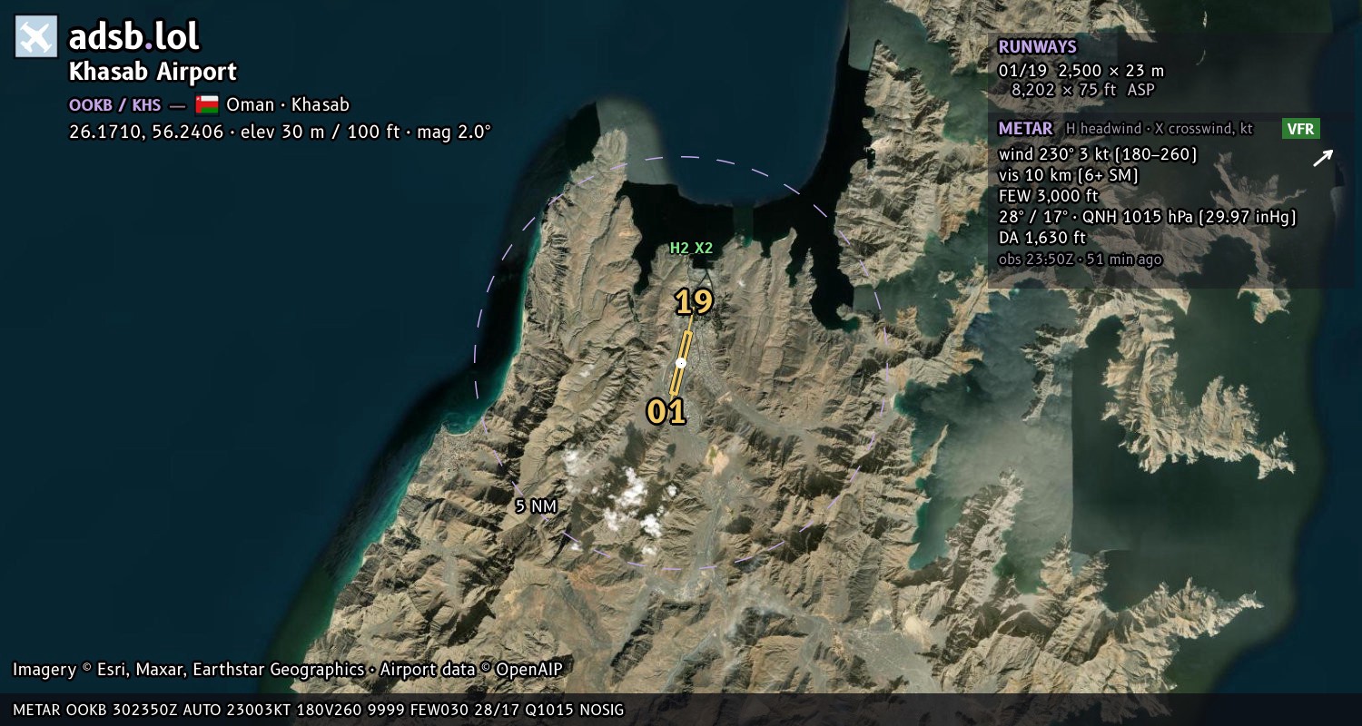 Satellite map with the runway layout of Khasab Airport (OOKB)
