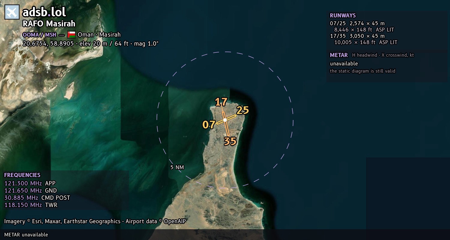 Satellite map with the runway layout of RAFO Masirah (OOMA)