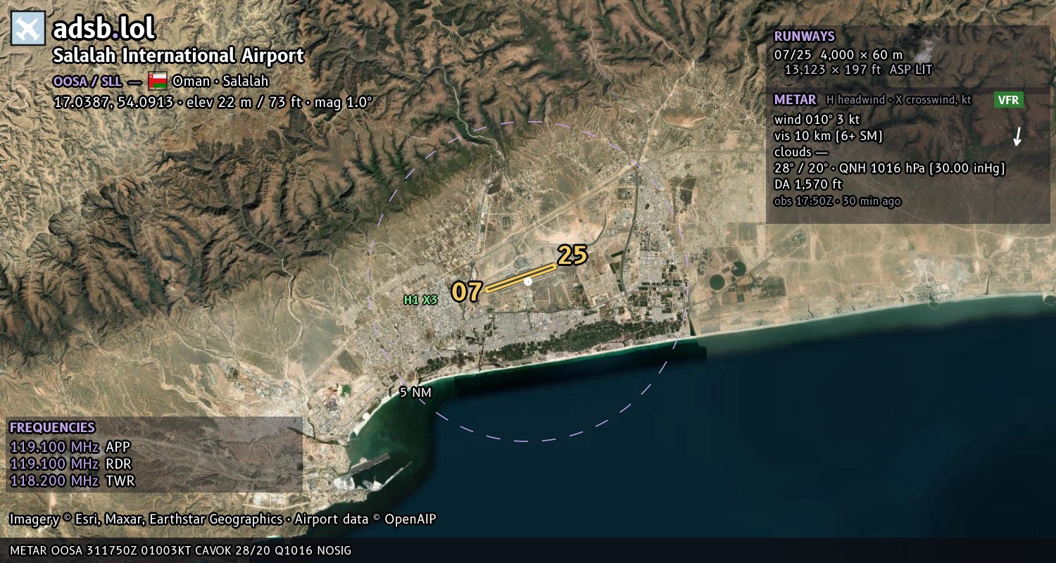 Satellite map with the runway layout of Salalah International Airport (OOSA)