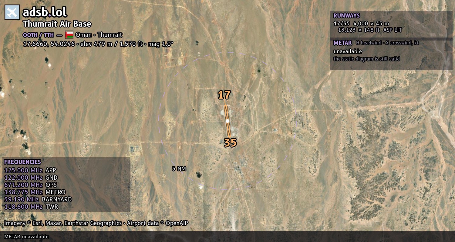 Satellite map with the runway layout of Thumrait Air Base (OOTH)