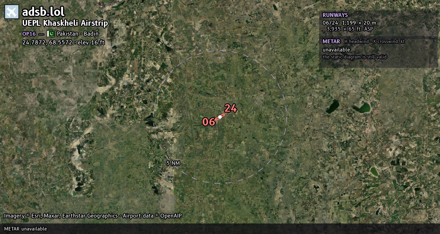 Satellite map with the runway layout of UEPL Khaskheli Airstrip (OP16)