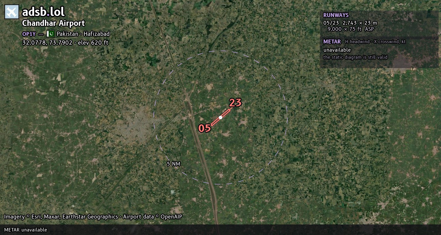 Satellite map with the runway layout of Chandhar Airport (OP1Y)
