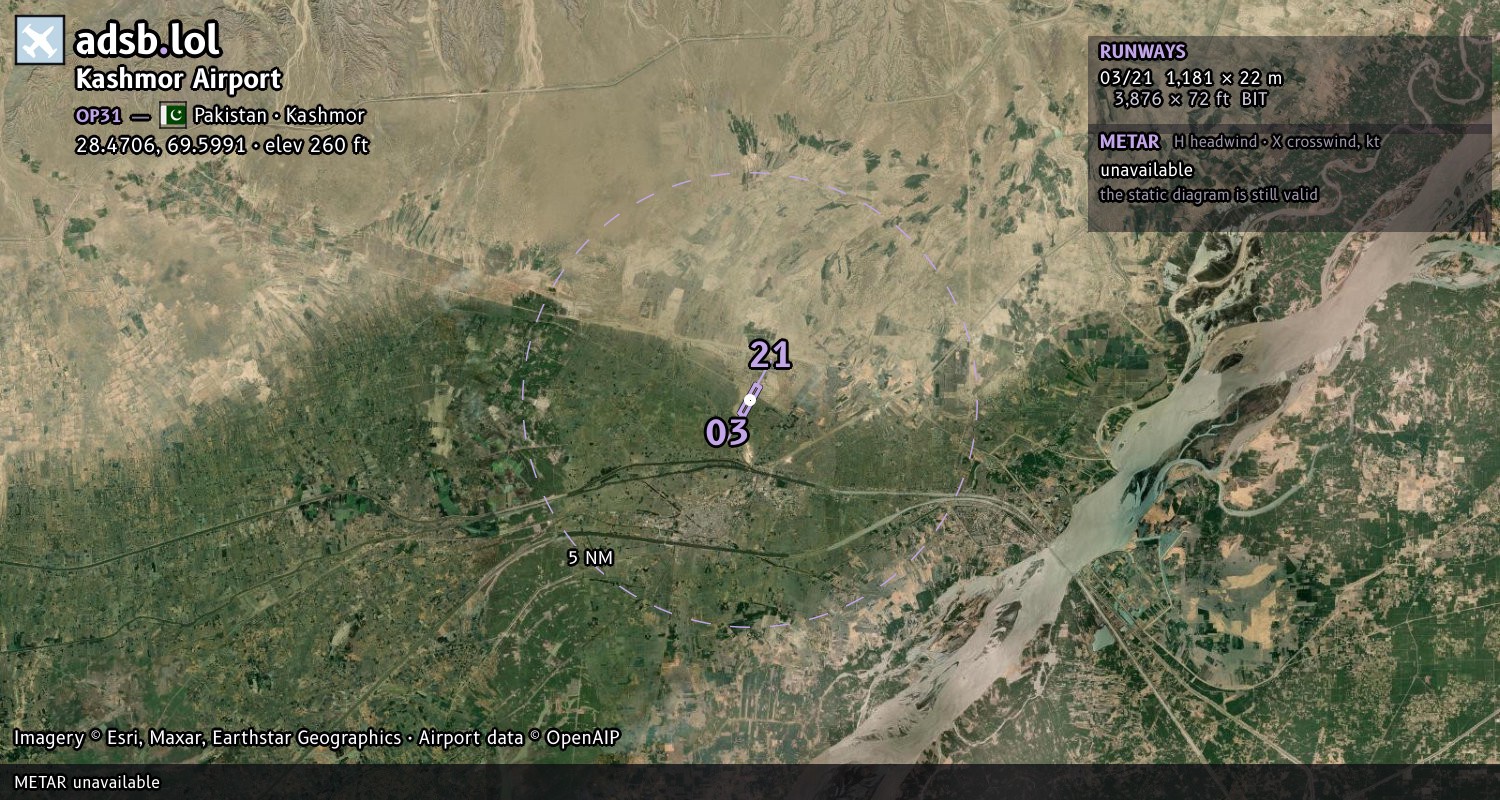 Satellite map with the runway layout of Kashmor Airport (OP31)