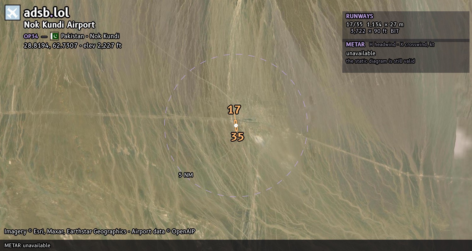 Satellite map with the runway layout of Nok Kundi Airport (OP34)