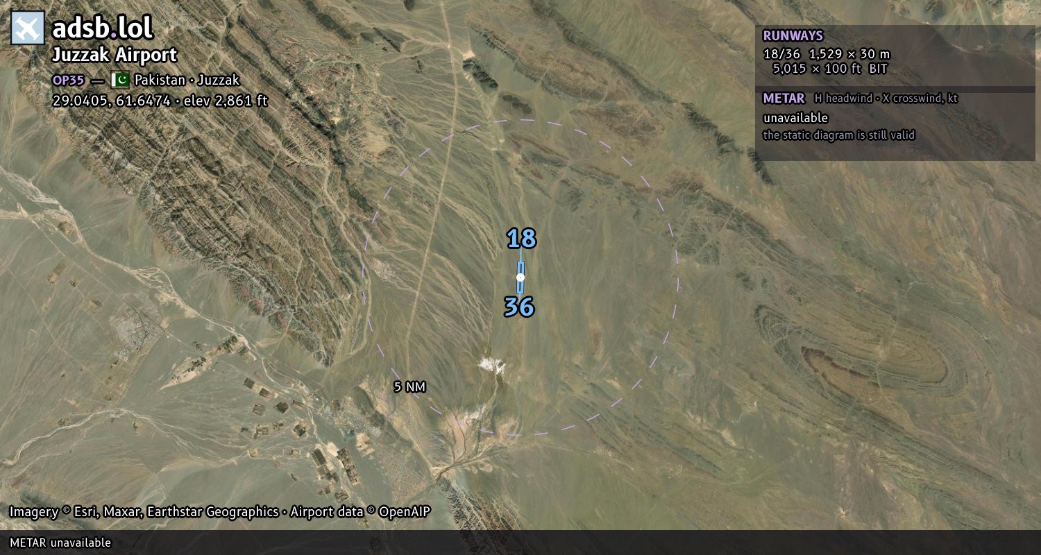 Satellite map with the runway layout of Juzzak Airport (OP35)