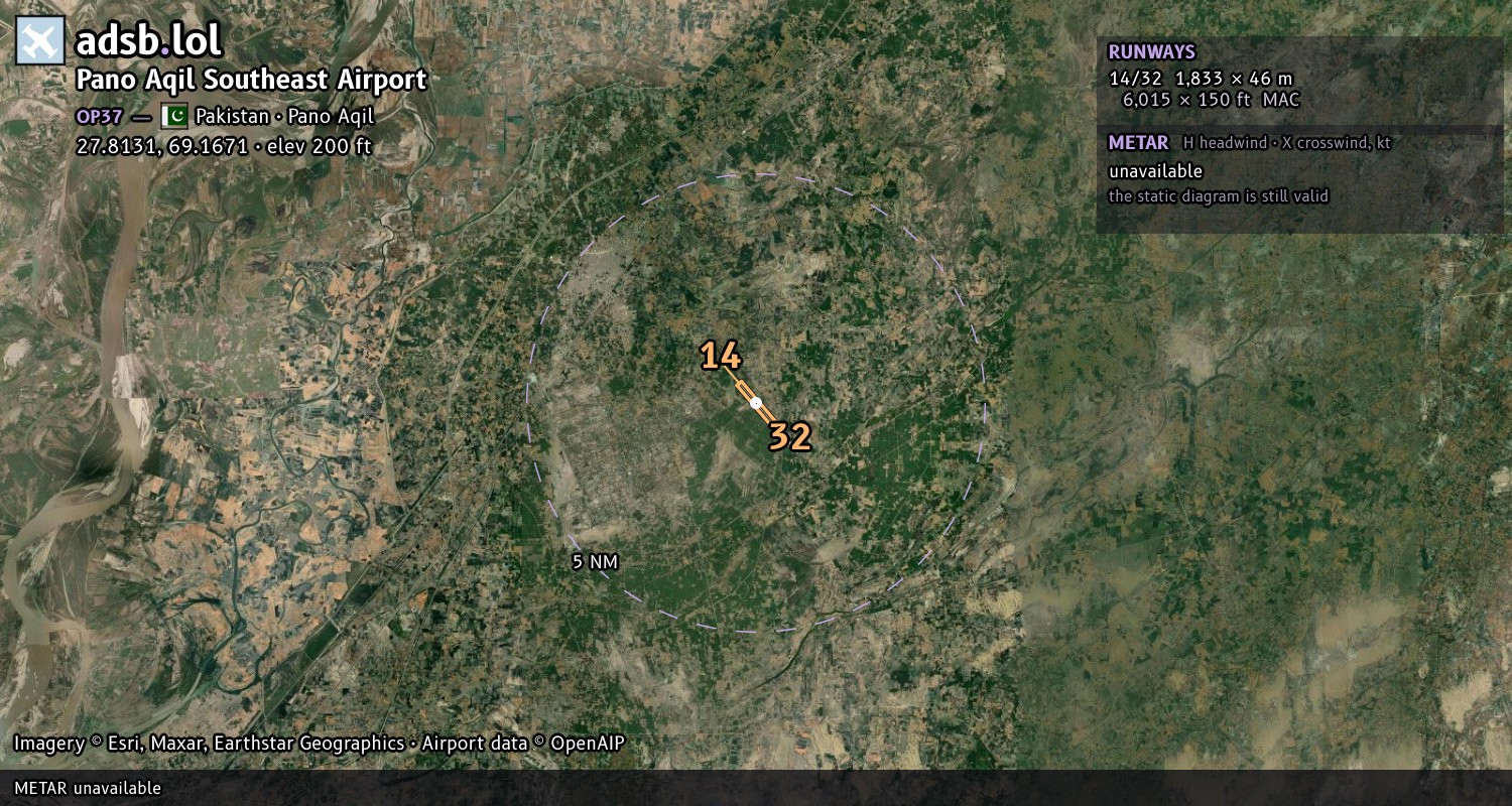 Satellite map with the runway layout of Pano Aqil Southeast Airport (OP37)