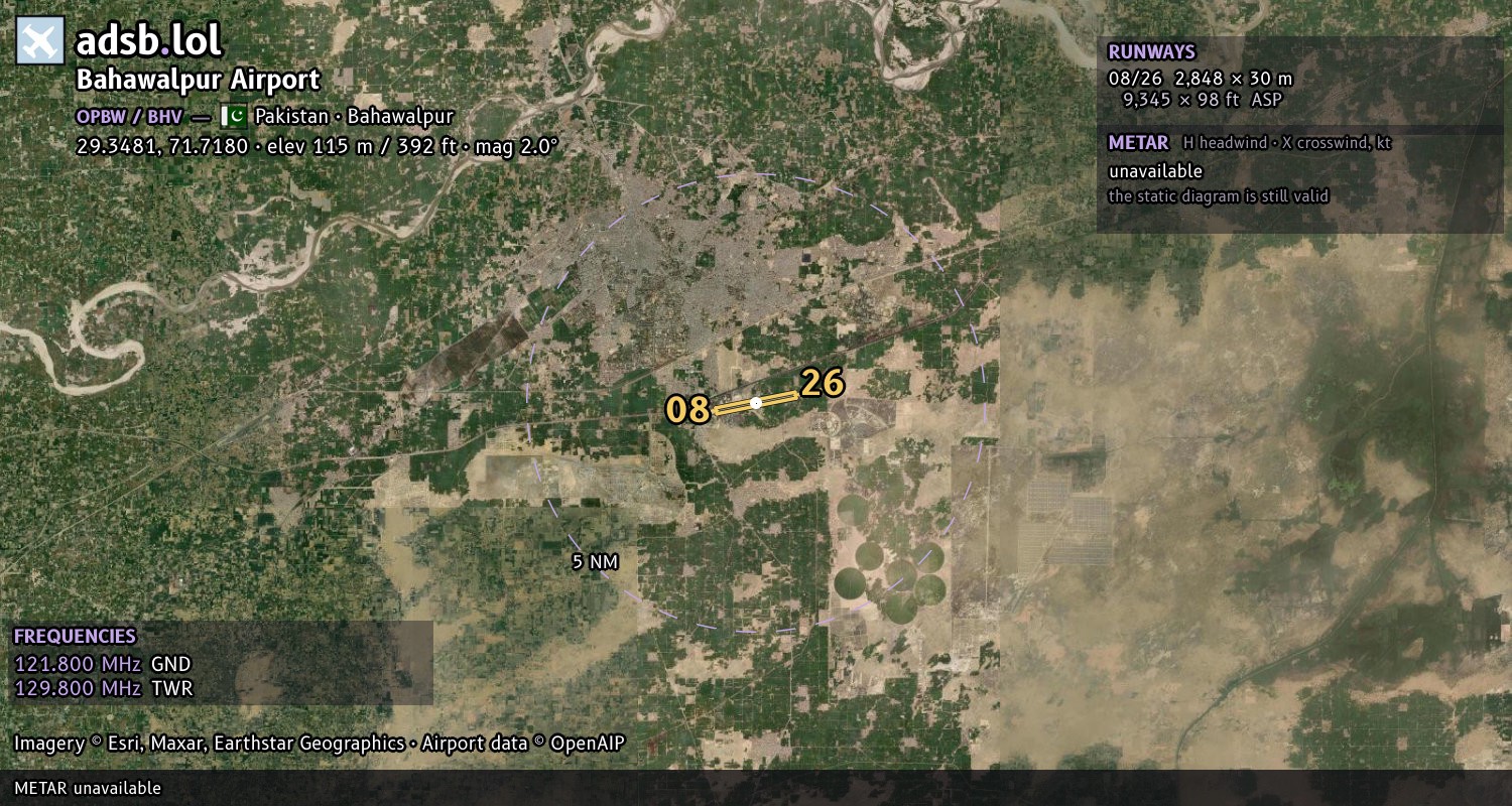 Satellite map with the runway layout of Bahawalpur Airport (OPBW)