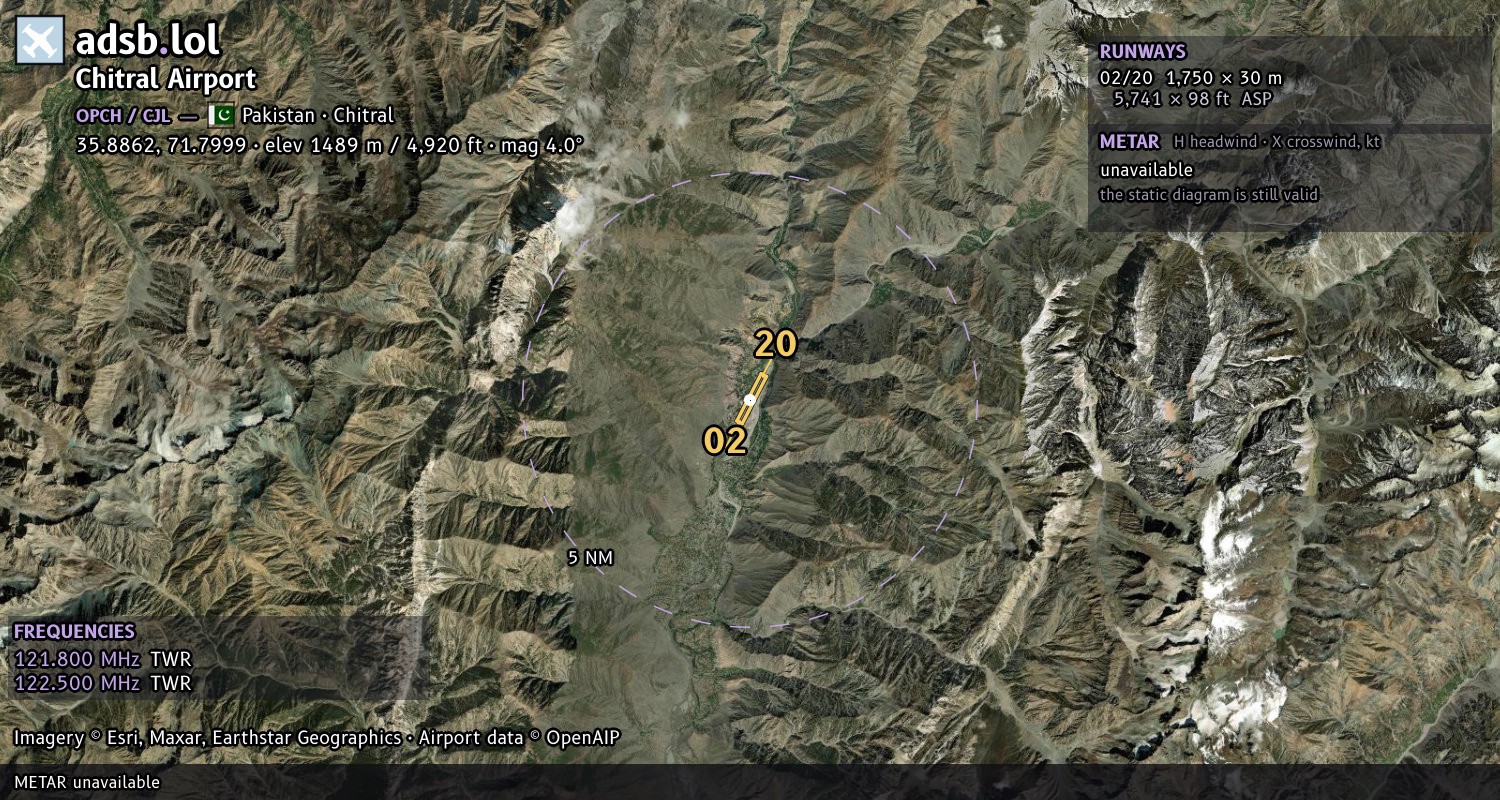 Satellite map with the runway layout of Chitral Airport (OPCH)