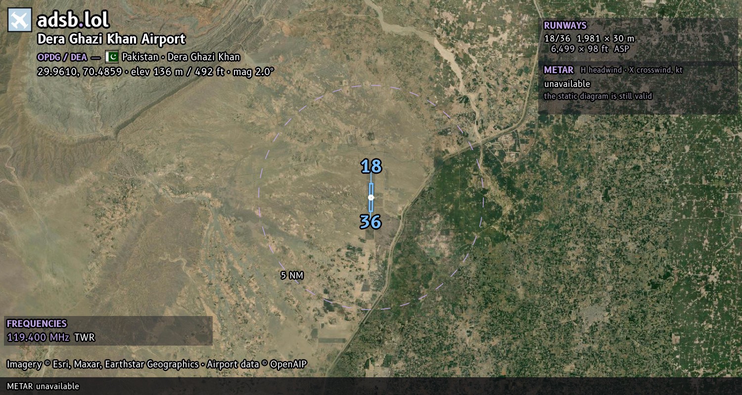Satellite map with the runway layout of Dera Ghazi Khan Airport (OPDG)