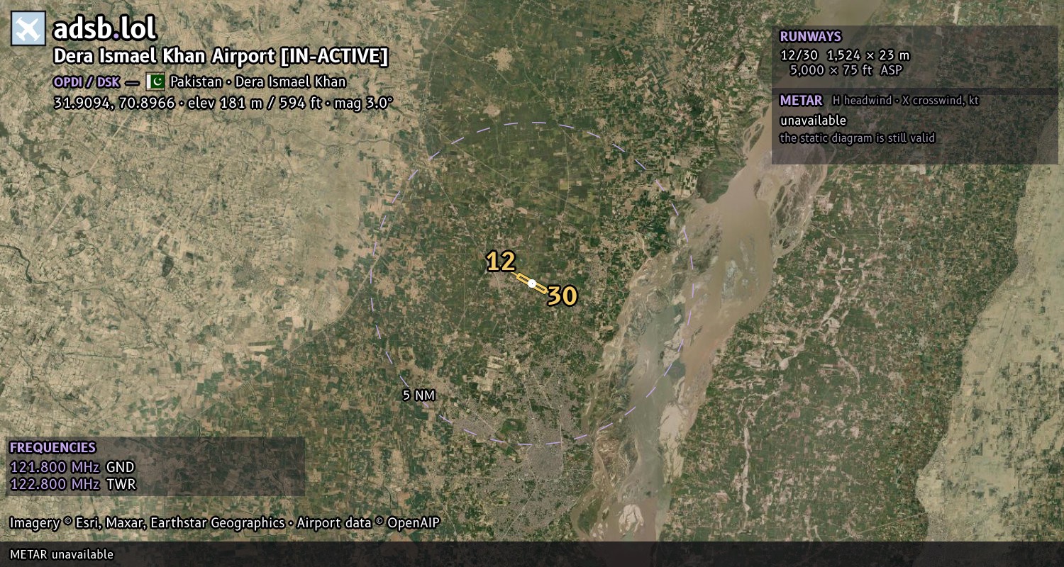 Satellite map with the runway layout of Dera Ismael Khan Airport [IN-ACTIVE] (OPDI)