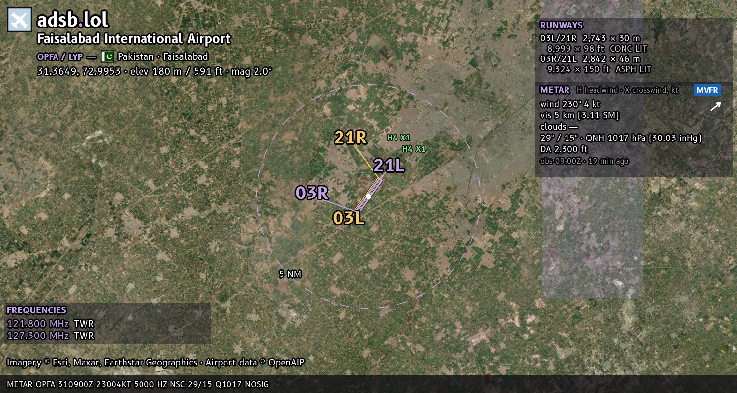 Satellite map with the runway layout of Faisalabad International Airport (OPFA)