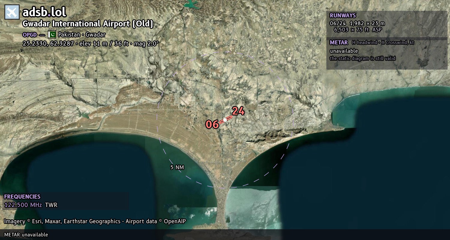 Satellite map with the runway layout of Gwadar International Airport (Old) (OPGD)