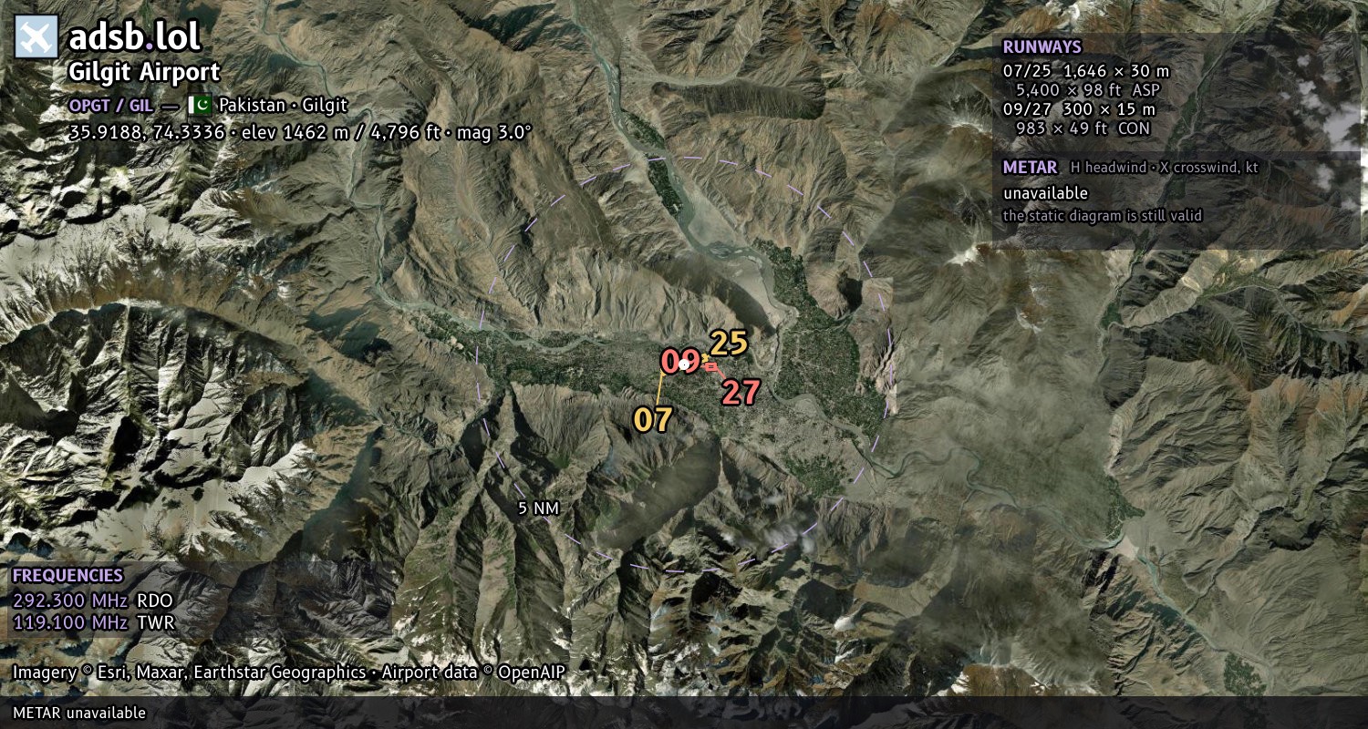 Satellite map with the runway layout of Gilgit Airport (OPGT)