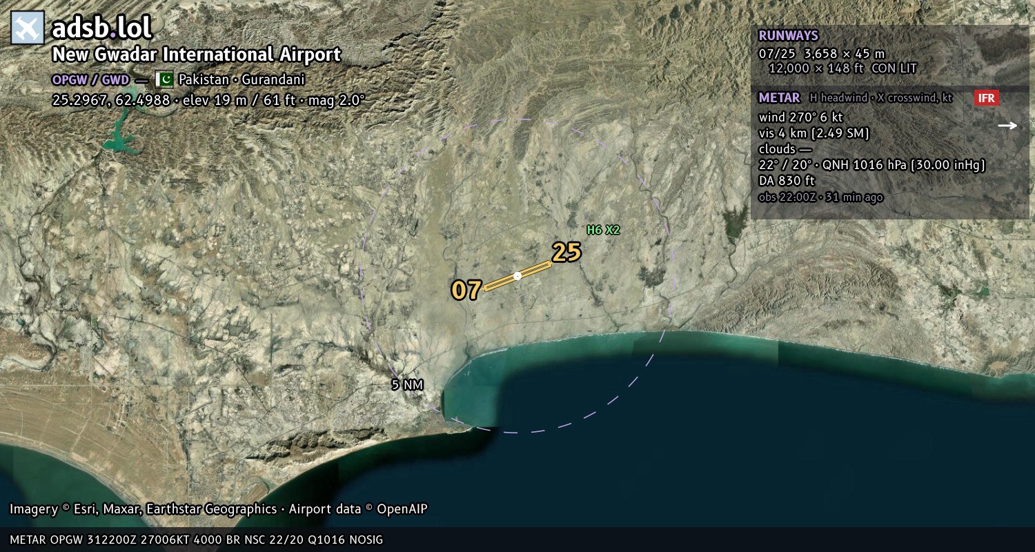 Satellite map with the runway layout of New Gwadar International Airport (OPGW)