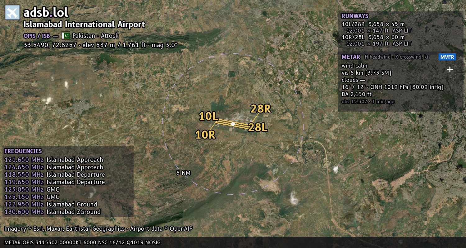 Satellite map with the runway layout of Islamabad International Airport (OPIS)