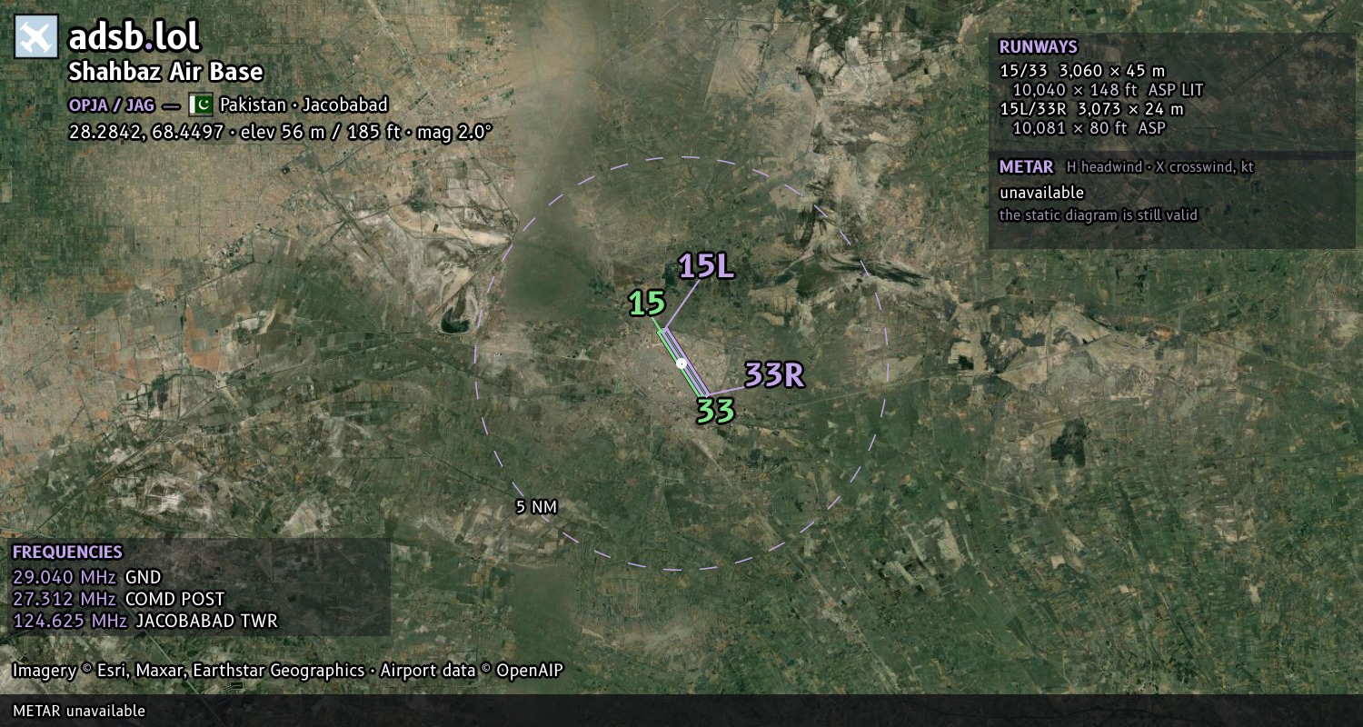 Satellite map with the runway layout of Shahbaz Air Base (OPJA)