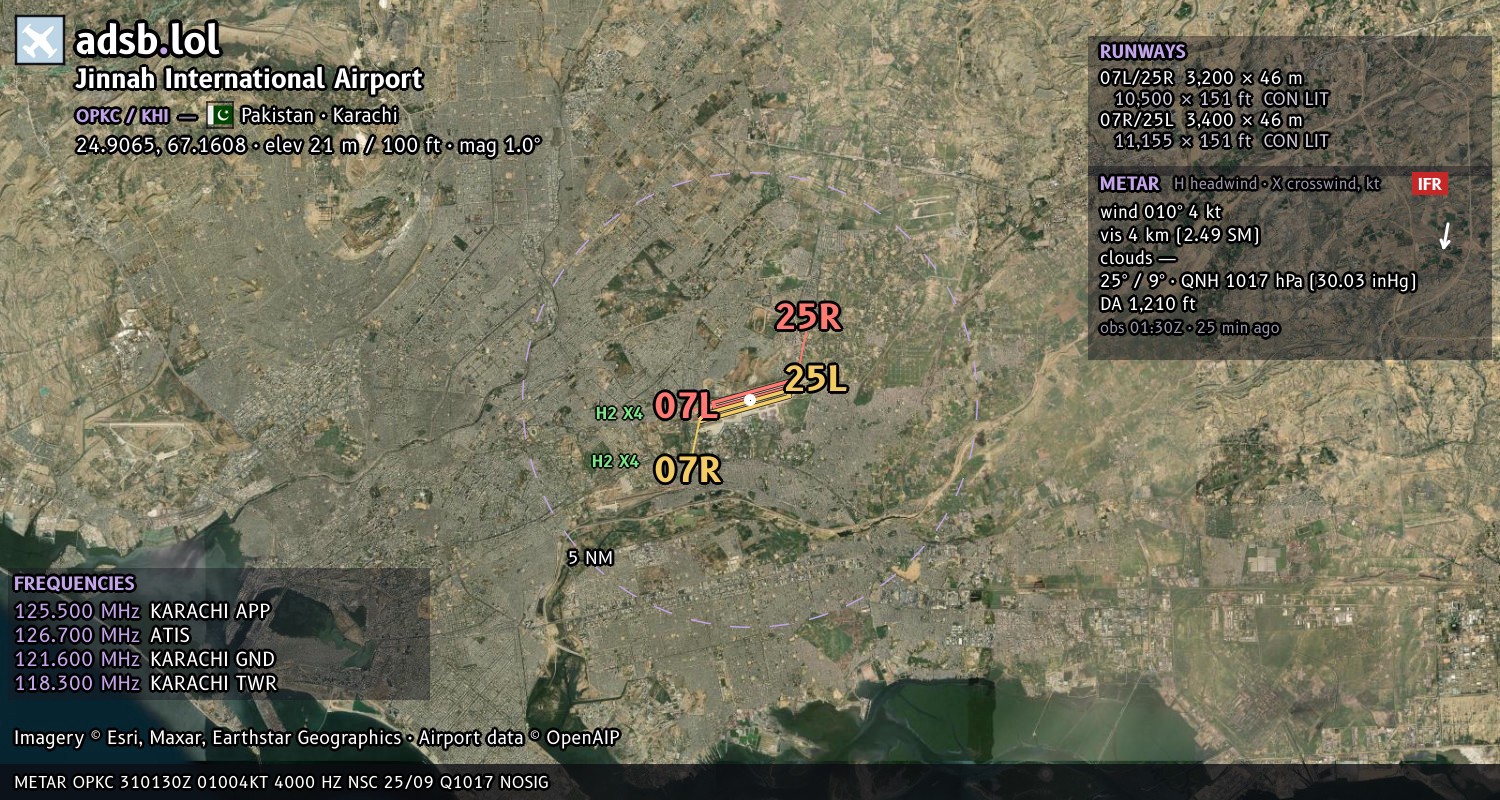 Satellite map with the runway layout of Jinnah International Airport (OPKC)