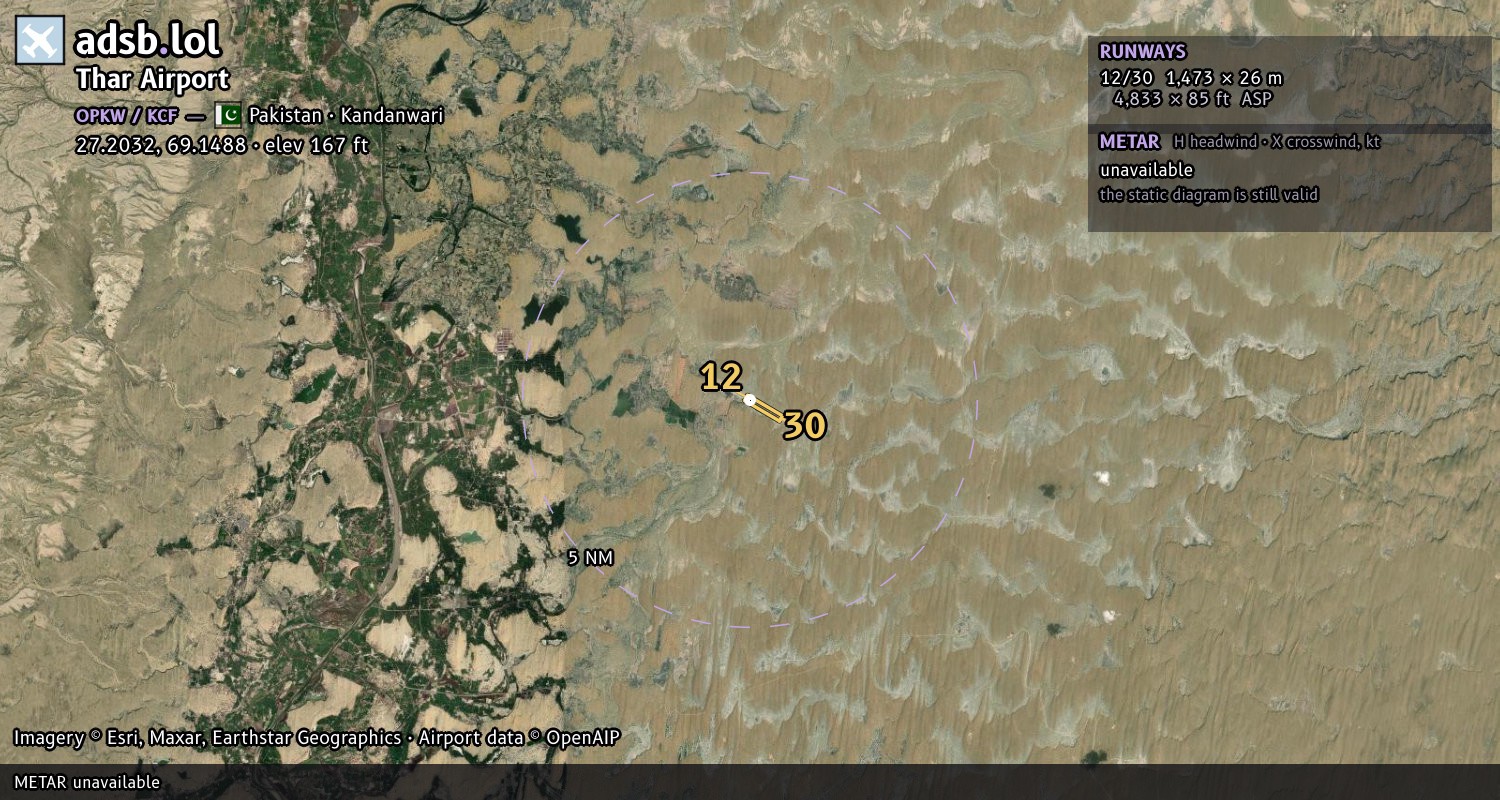 Satellite map with the runway layout of Thar Airport (OPKW)