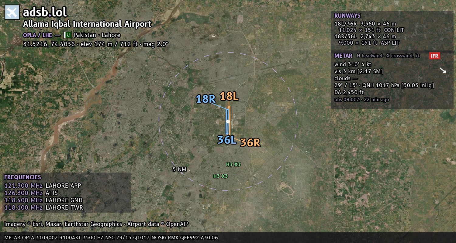 Satellite map with the runway layout of Allama Iqbal International Airport (OPLA)