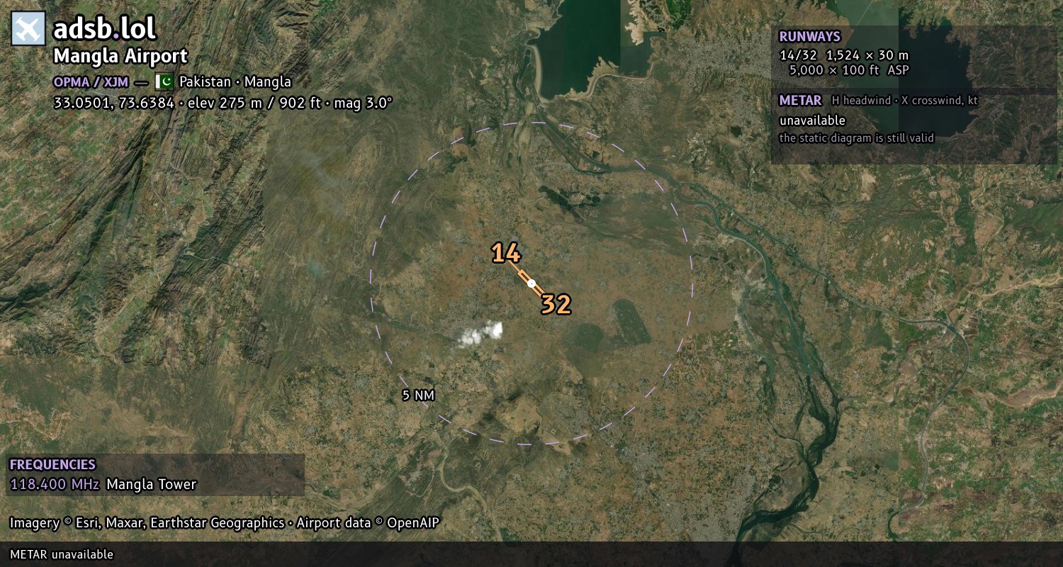Satellite map with the runway layout of Mangla Airport (OPMA)