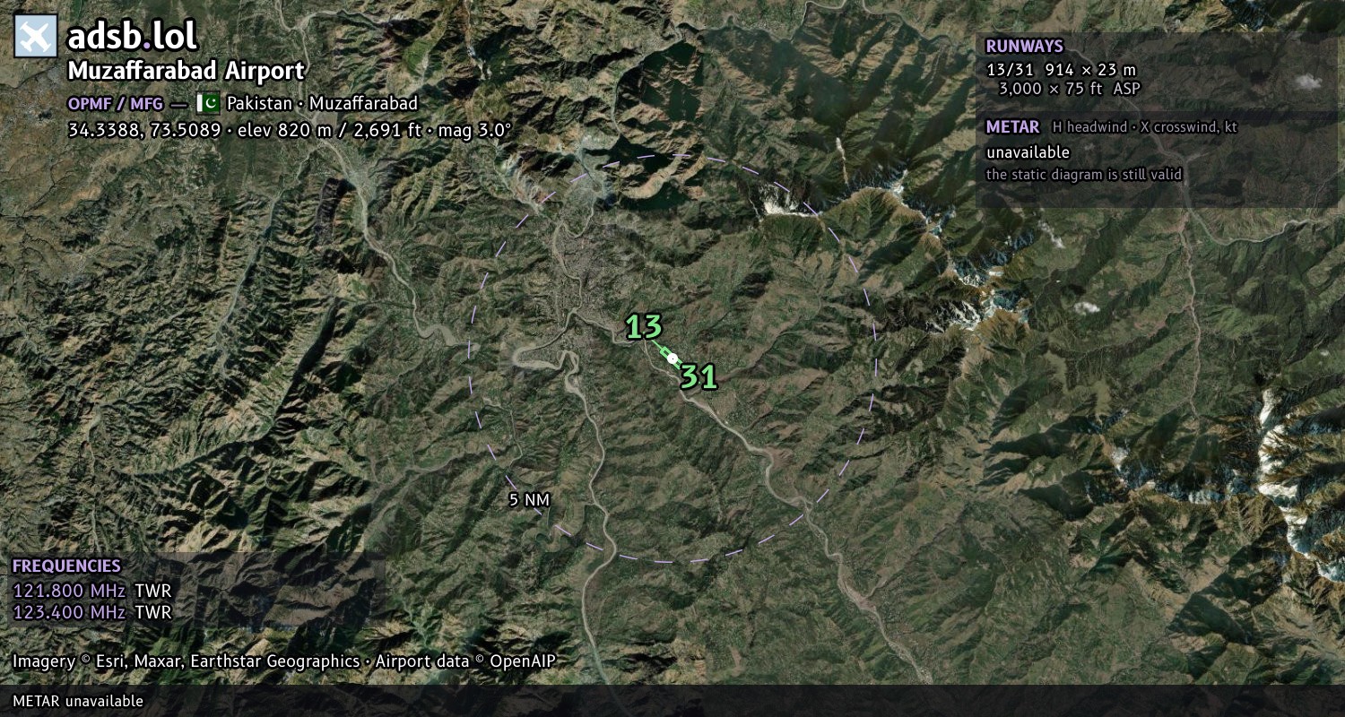Satellite map with the runway layout of Muzaffarabad Airport (OPMF)