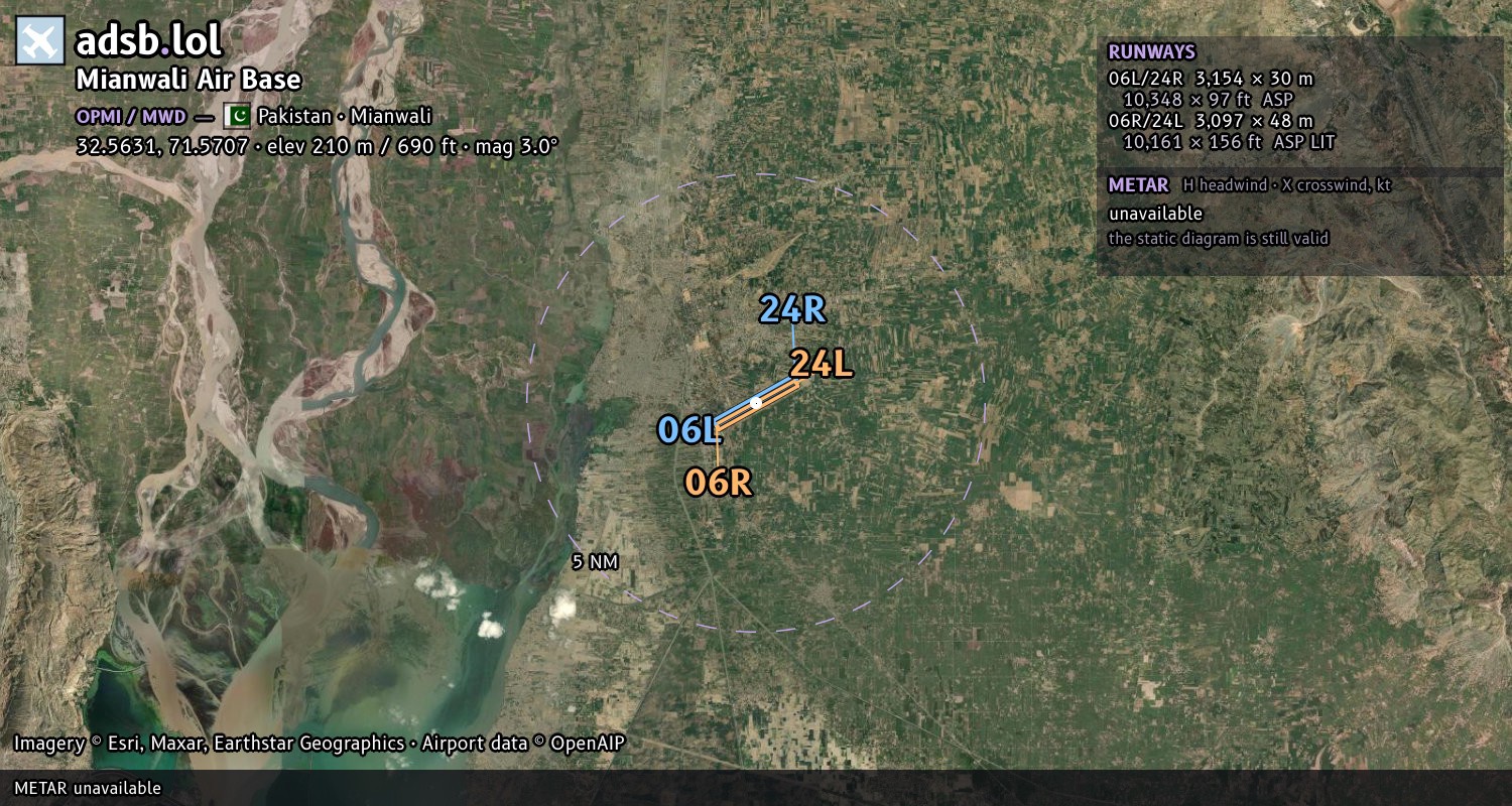 Satellite map with the runway layout of Mianwali Air Base (OPMI)