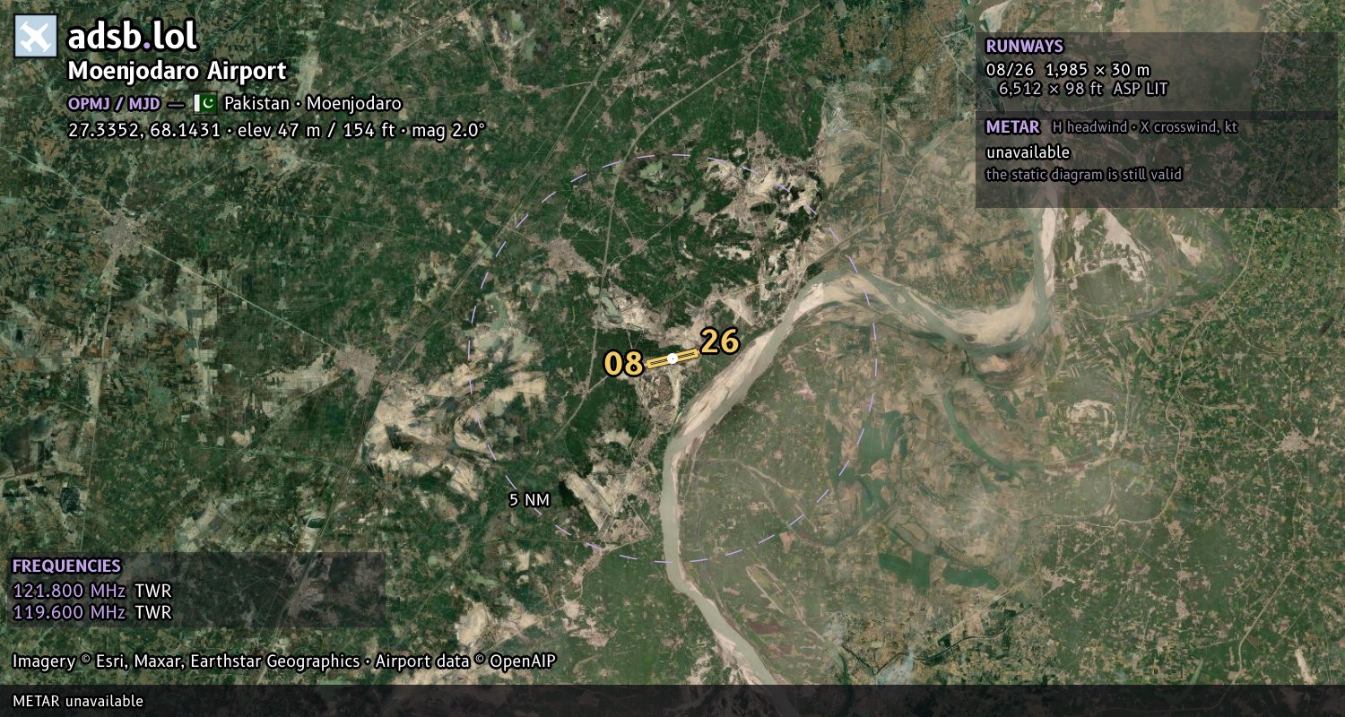 Satellite map with the runway layout of Moenjodaro Airport (OPMJ)