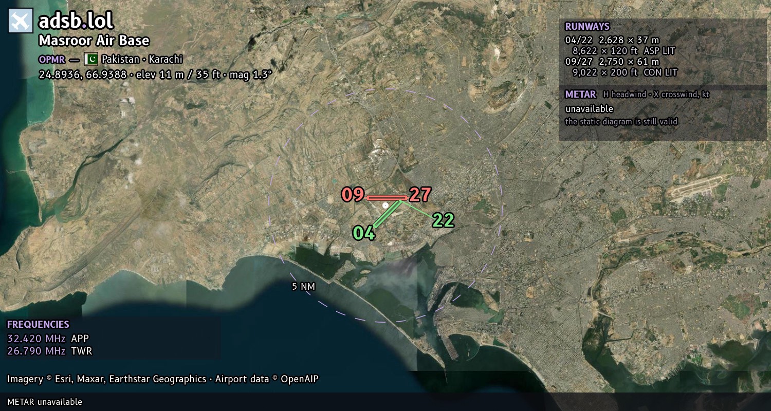 Satellite map with the runway layout of Masroor Air Base (OPMR)