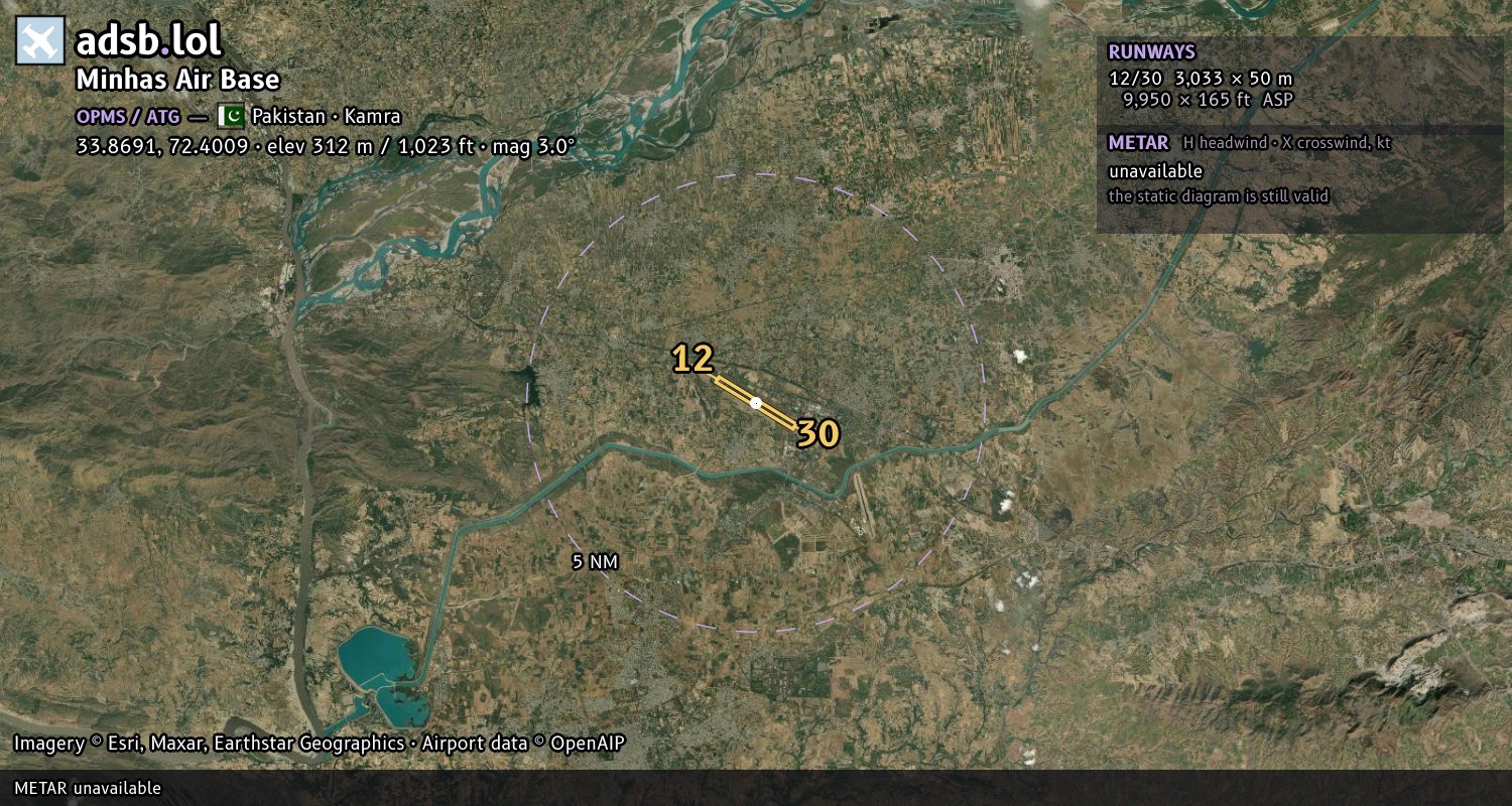 Satellite map with the runway layout of Minhas Air Base (OPMS)
