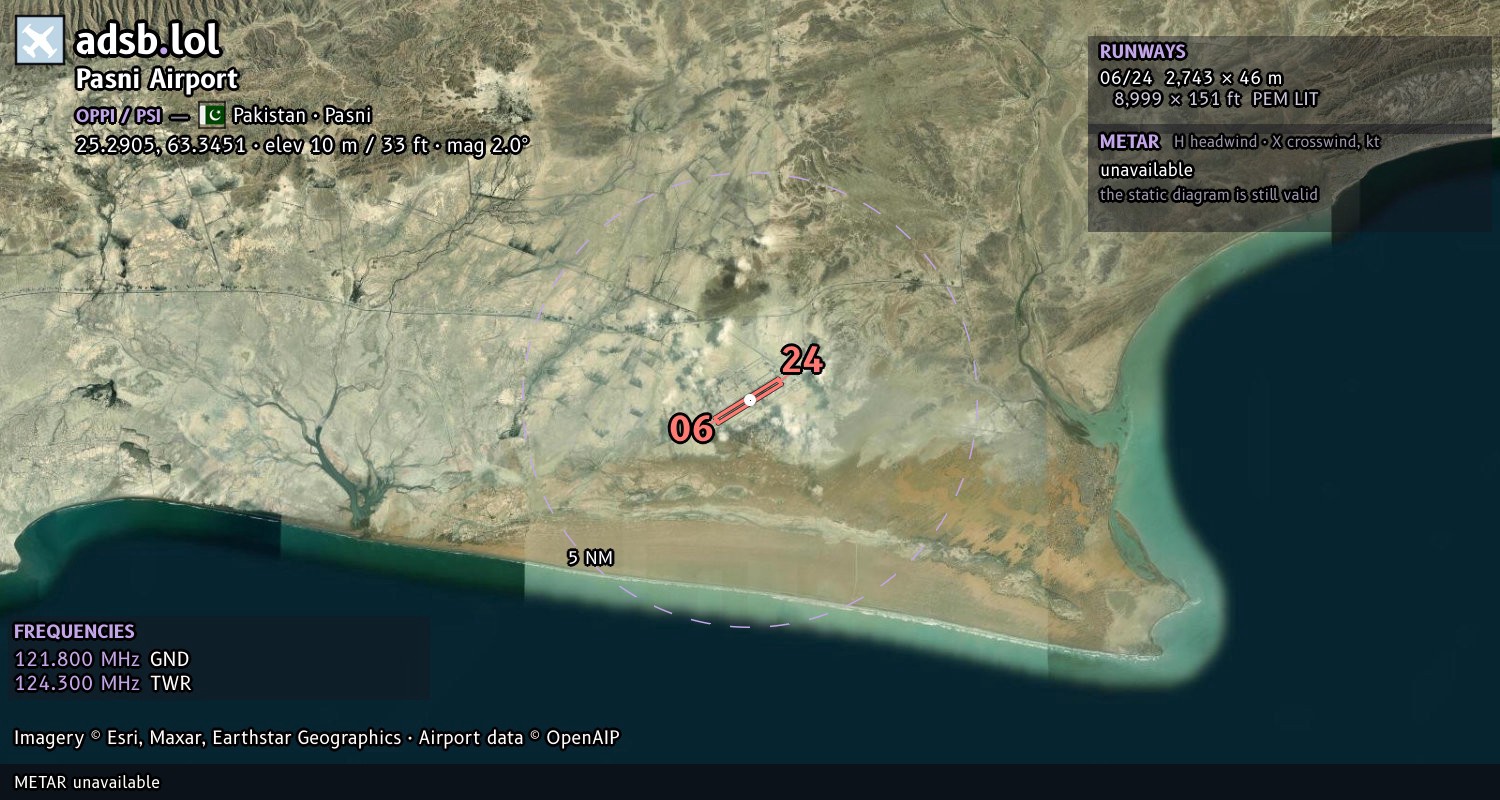 Satellite map with the runway layout of Pasni Airport (OPPI)