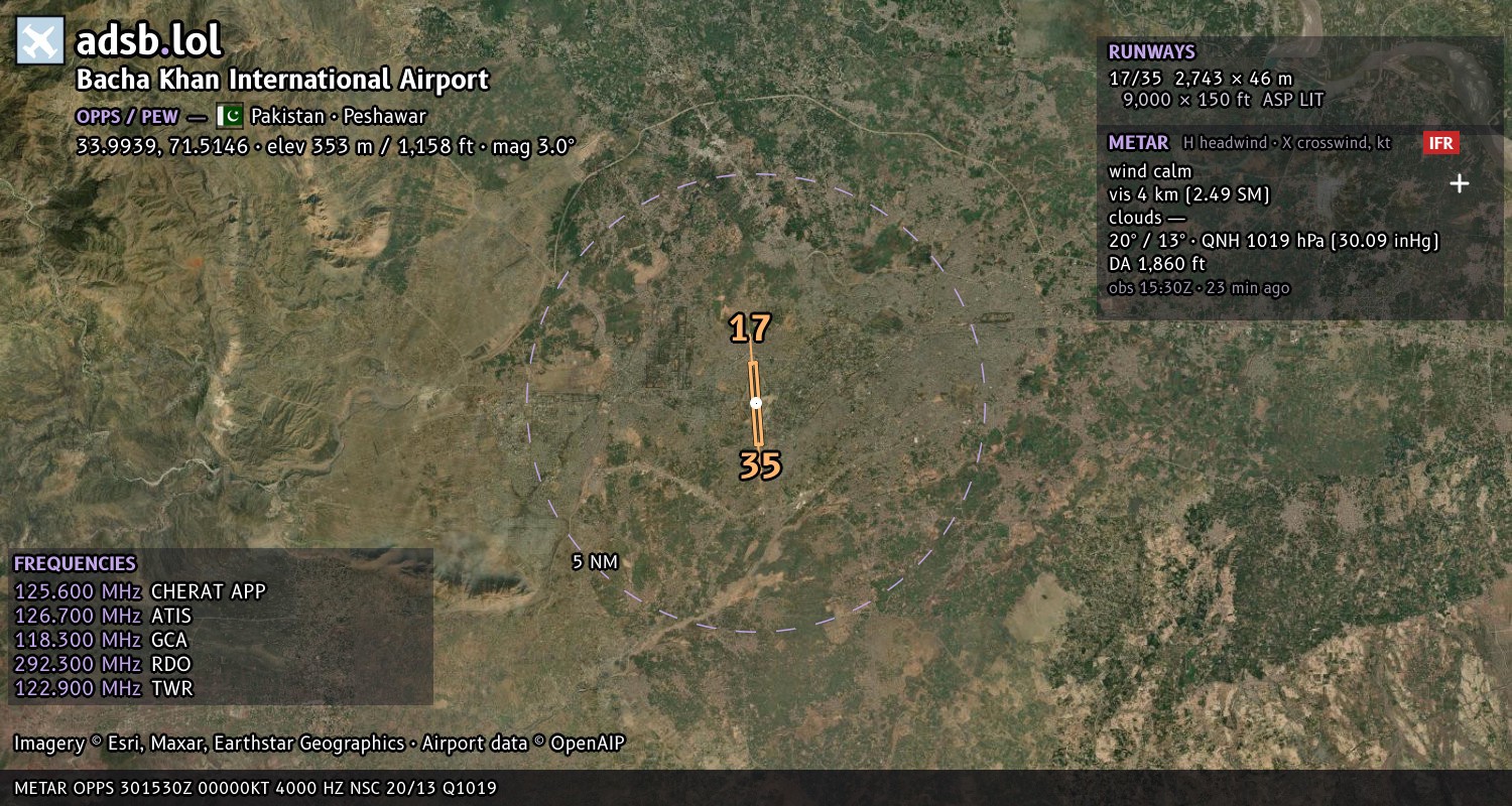 Satellite map with the runway layout of Bacha Khan International Airport (OPPS)