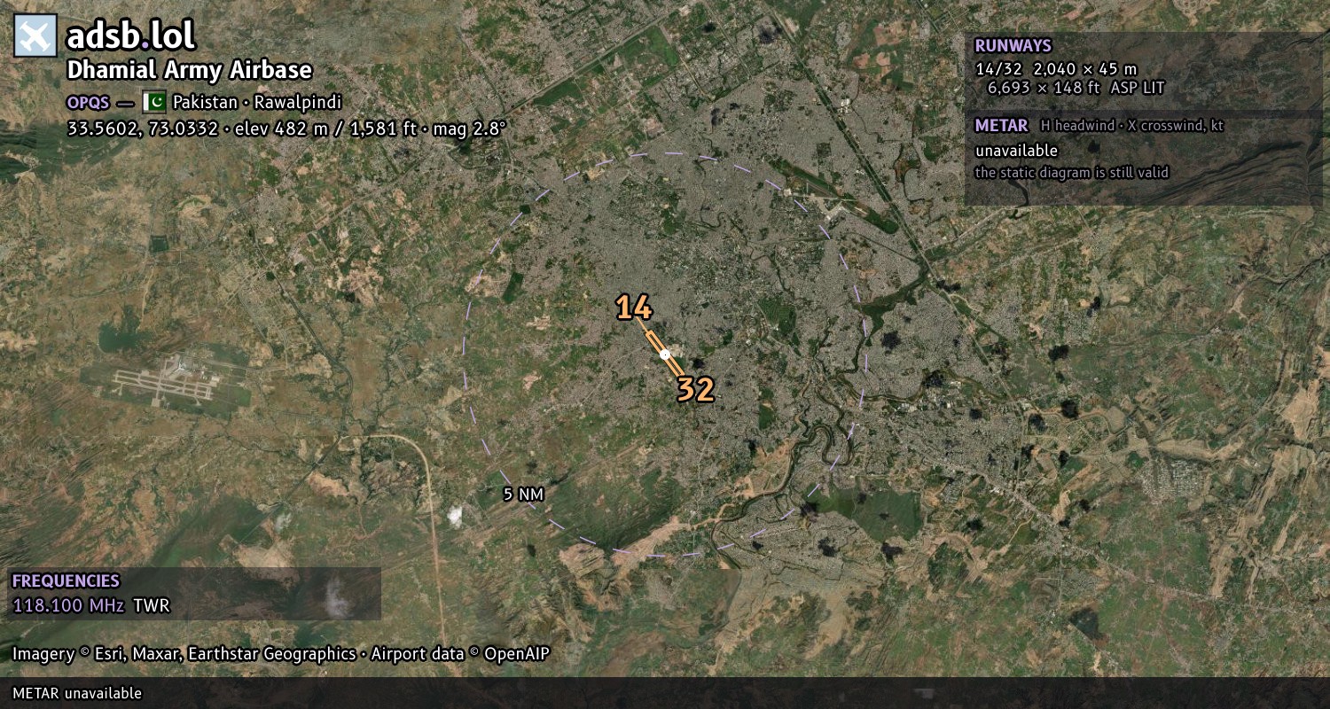 Satellite map with the runway layout of Dhamial Army Airbase (OPQS)