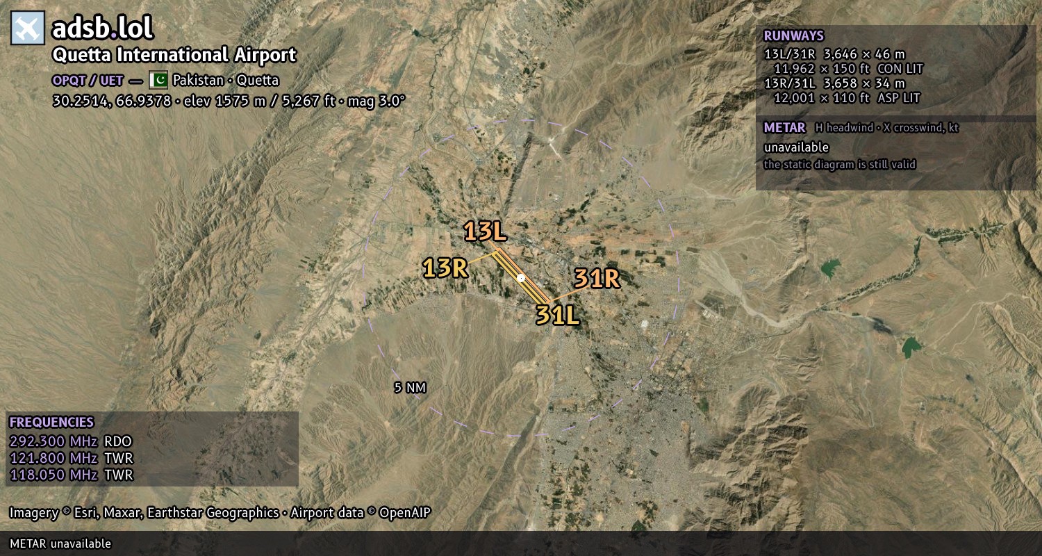 Satellite map with the runway layout of Quetta International Airport (OPQT)