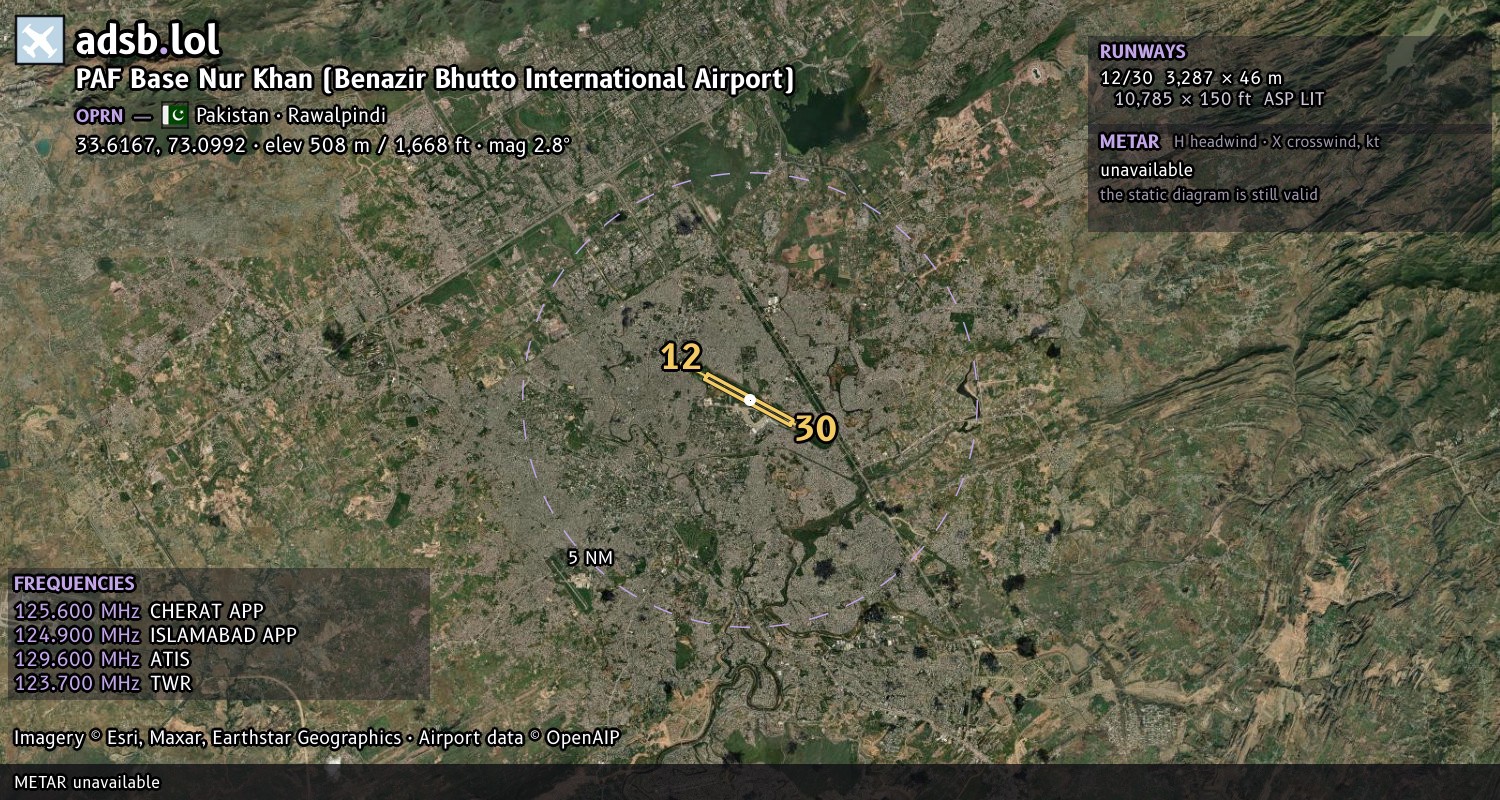 Satellite map with the runway layout of PAF Base Nur Khan (Benazir Bhutto International Airport) (OPRN)
