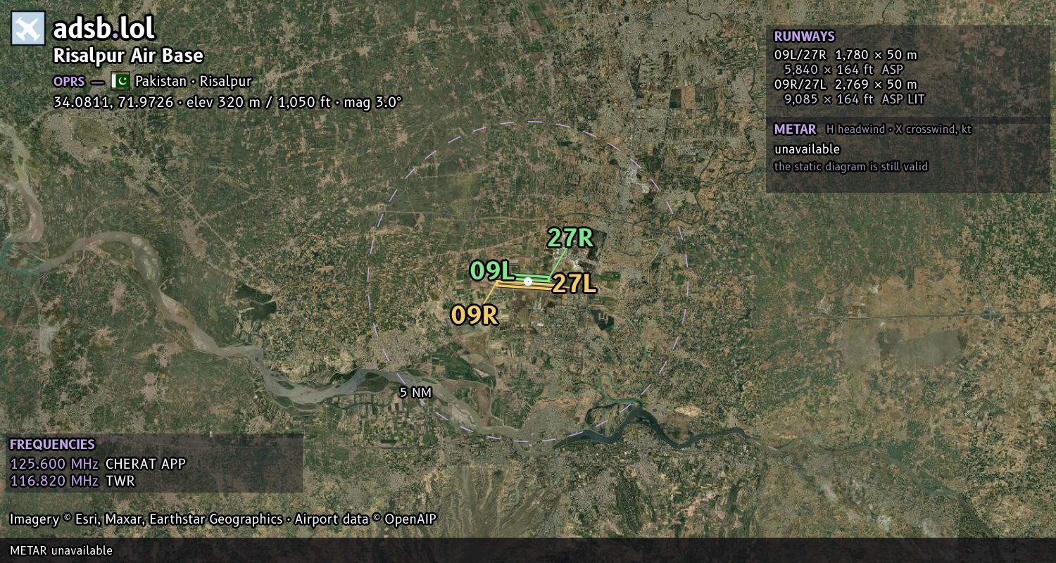 Satellite map with the runway layout of Risalpur Air Base (OPRS)