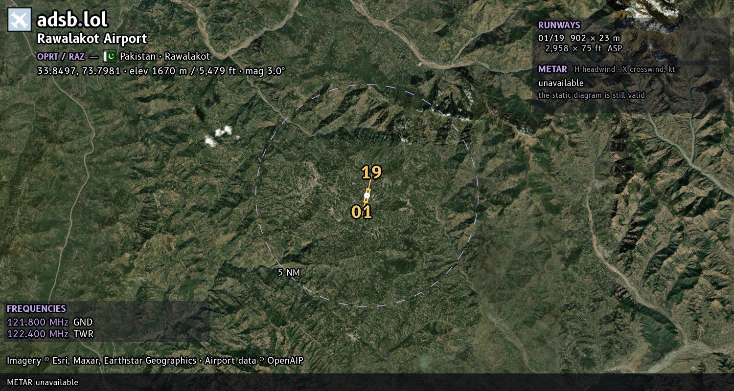 Satellite map with the runway layout of Rawalakot Airport (OPRT)