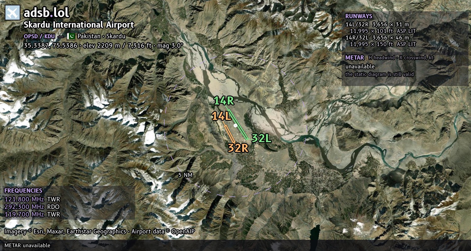 Satellite map with the runway layout of Skardu International Airport (OPSD)