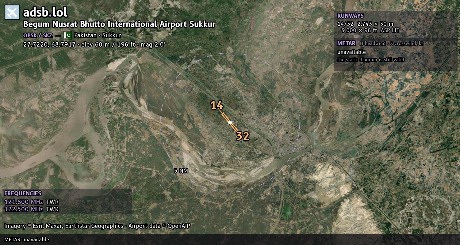 Satellite map with the runway layout of Begum Nusrat Bhutto International Airport Sukkur (OPSK)