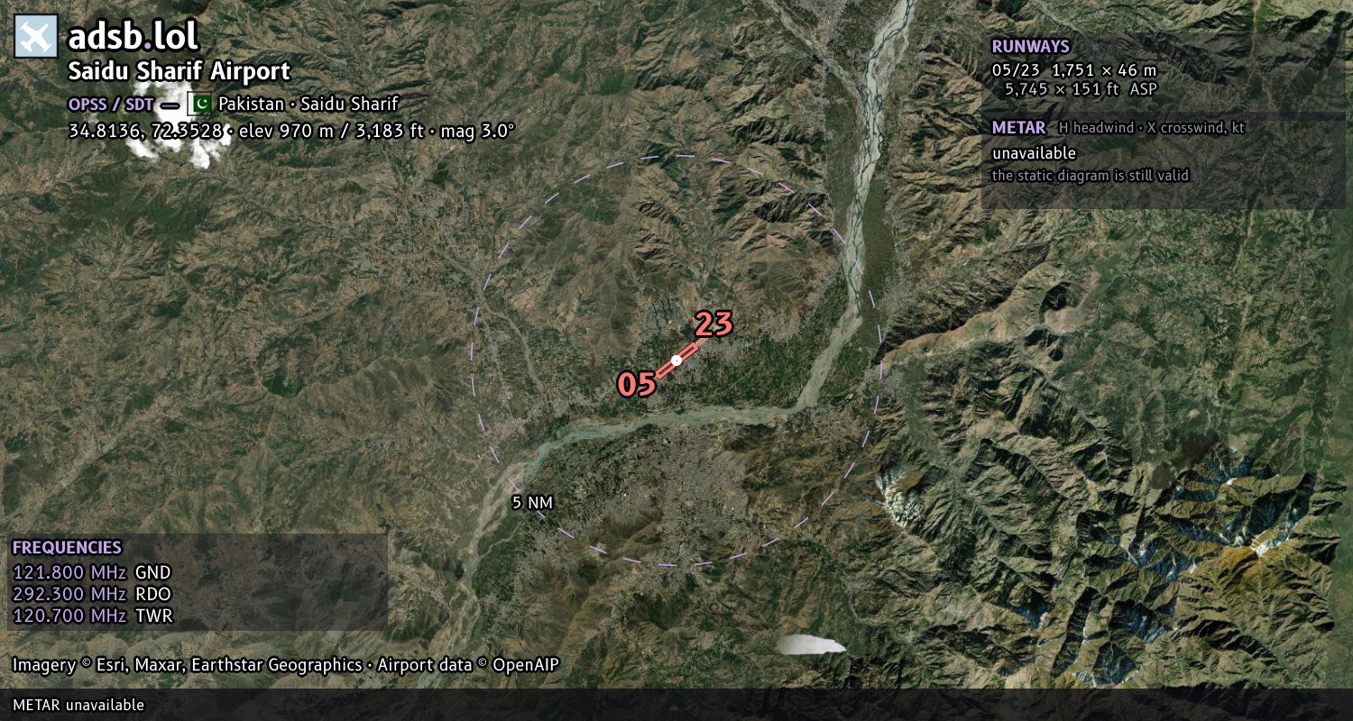 Satellite map with the runway layout of Saidu Sharif Airport (OPSS)