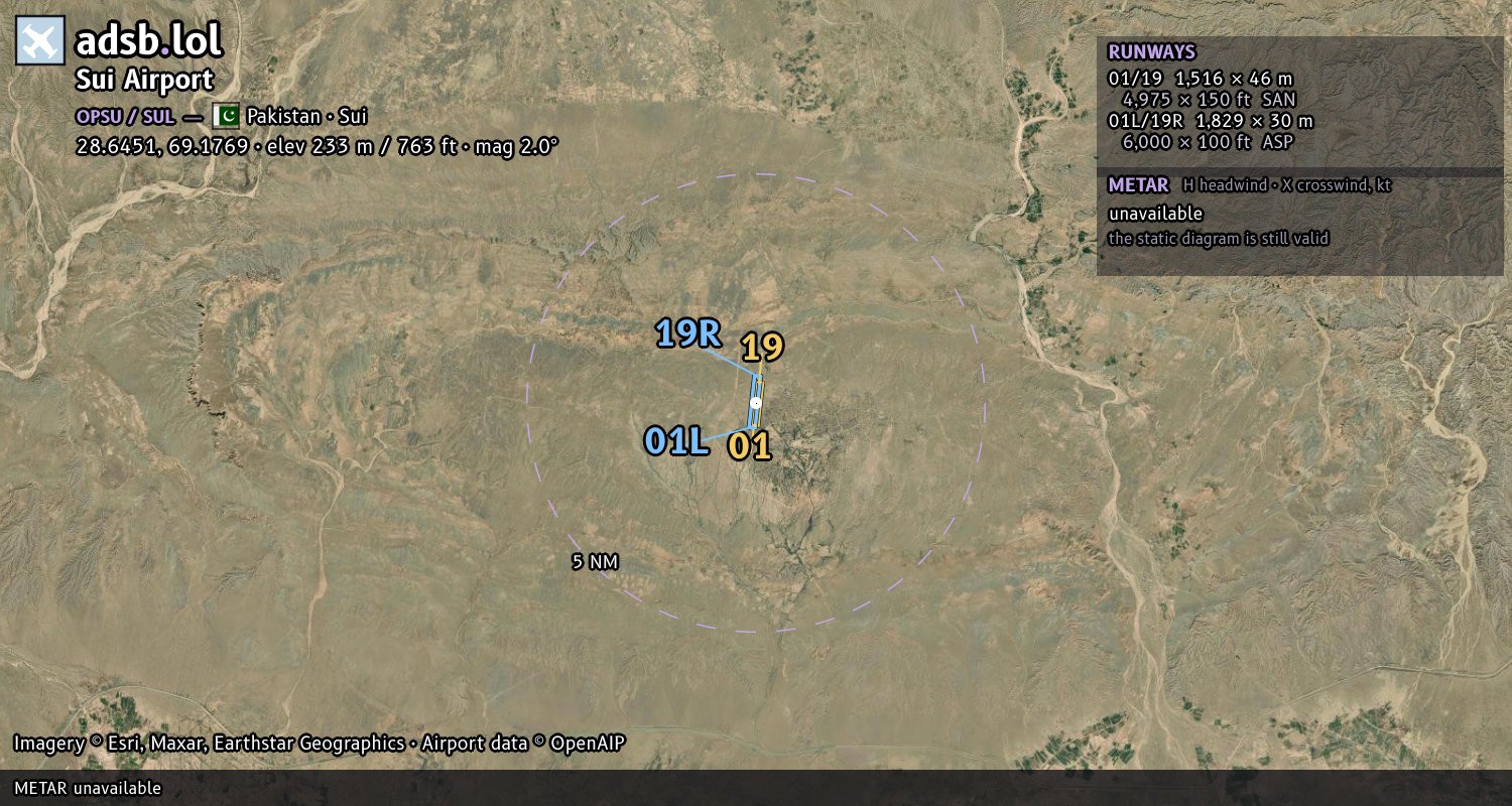Satellite map with the runway layout of Sui Airport (OPSU)