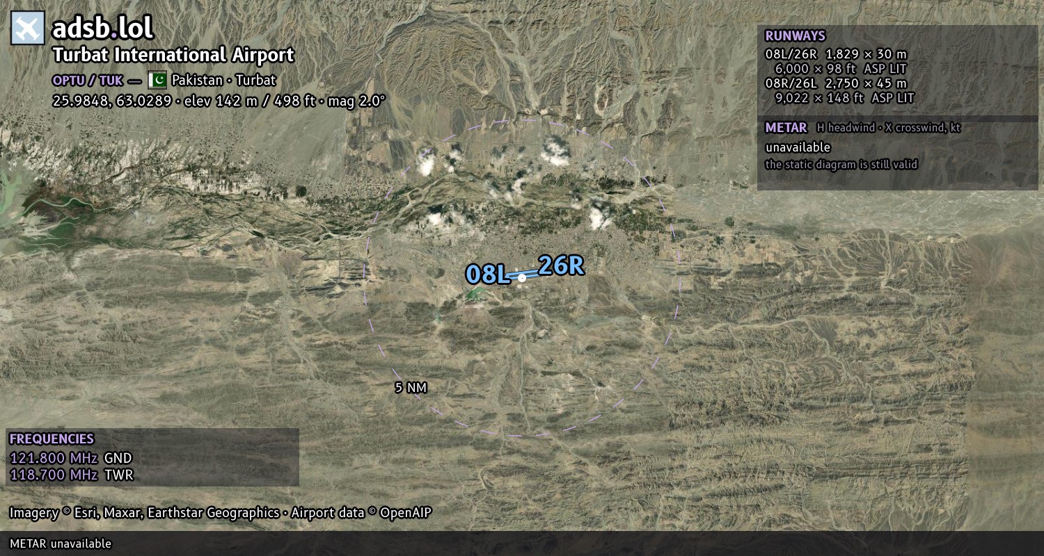 Satellite map with the runway layout of Turbat International Airport (OPTU)