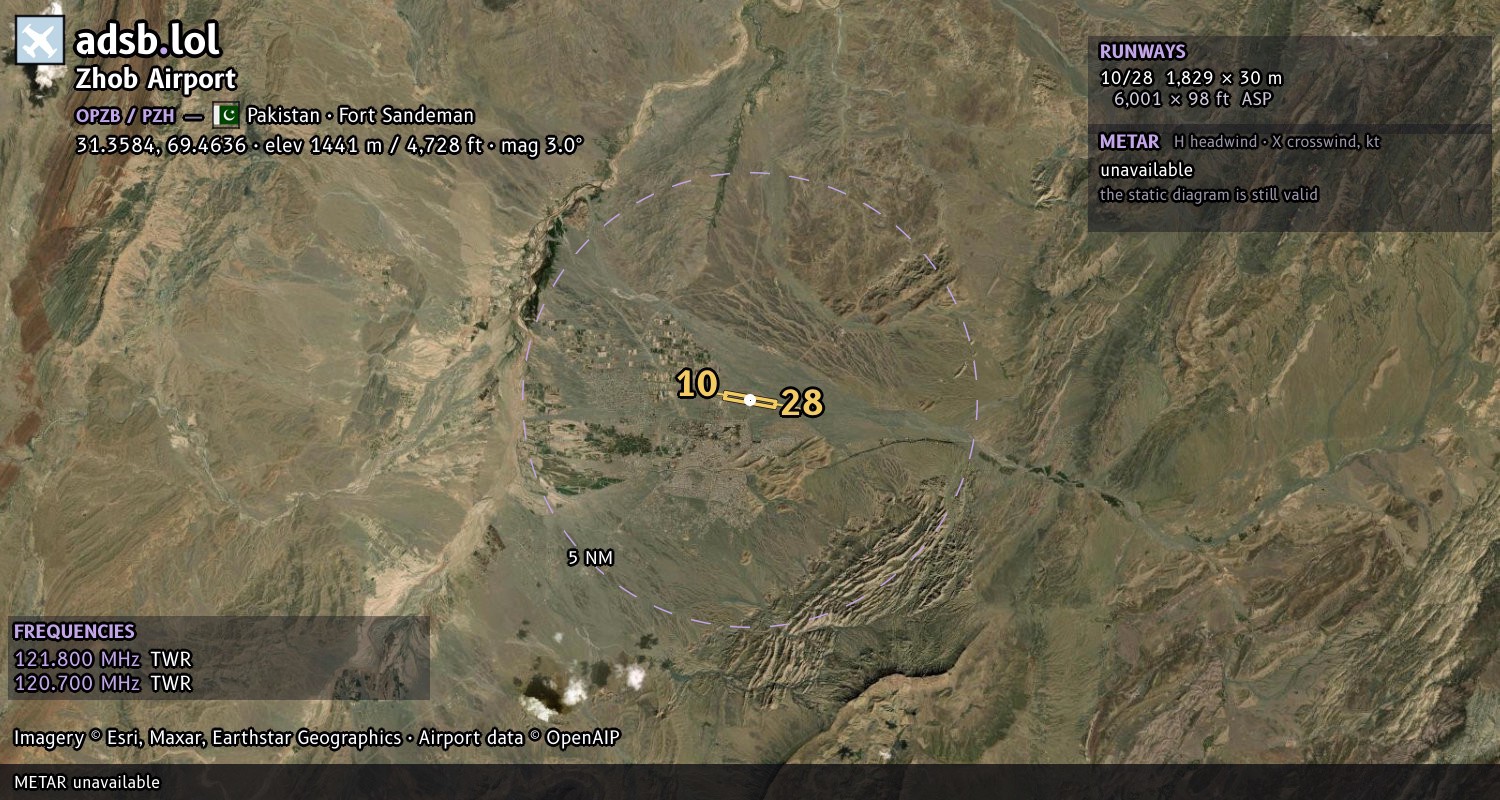 Satellite map with the runway layout of Zhob Airport (OPZB)